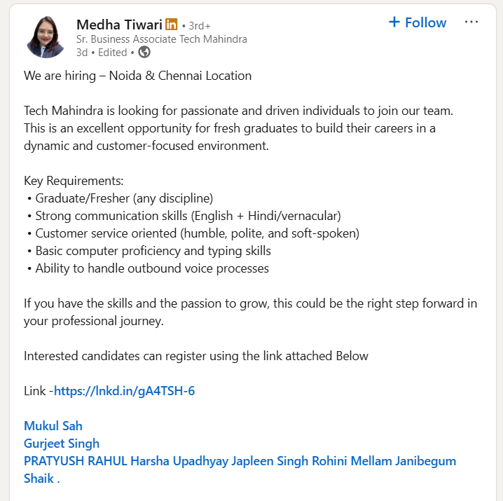 Tech Mahindra Big Hiring