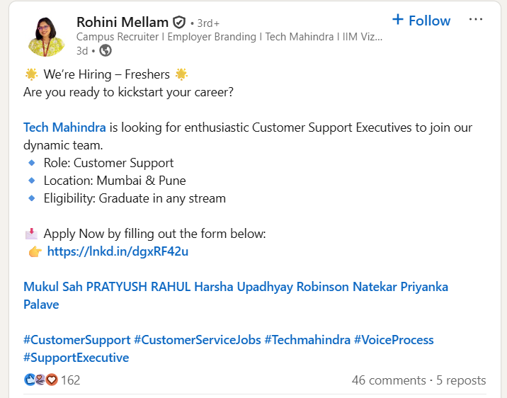 Tech Mahindra Big Mass Hiring Drive