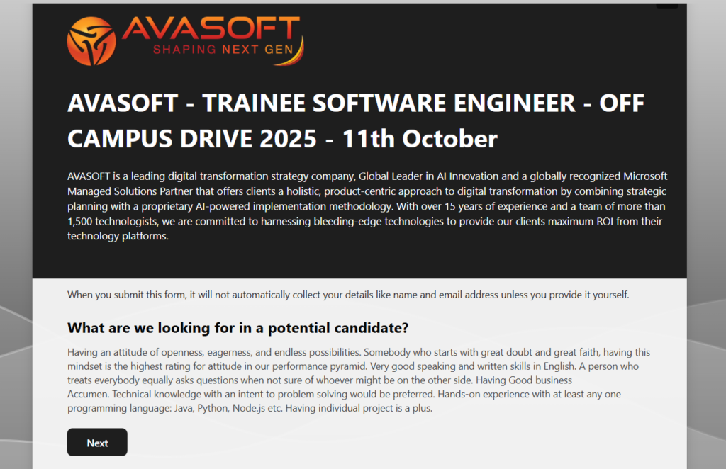 AVASOFT Hiring Drive 2025