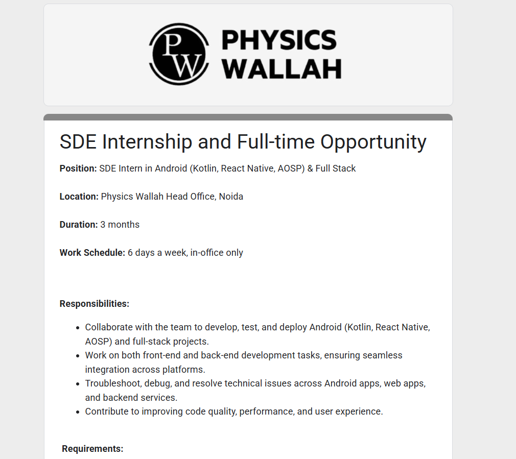 Physics Wallah Hiring Drive
