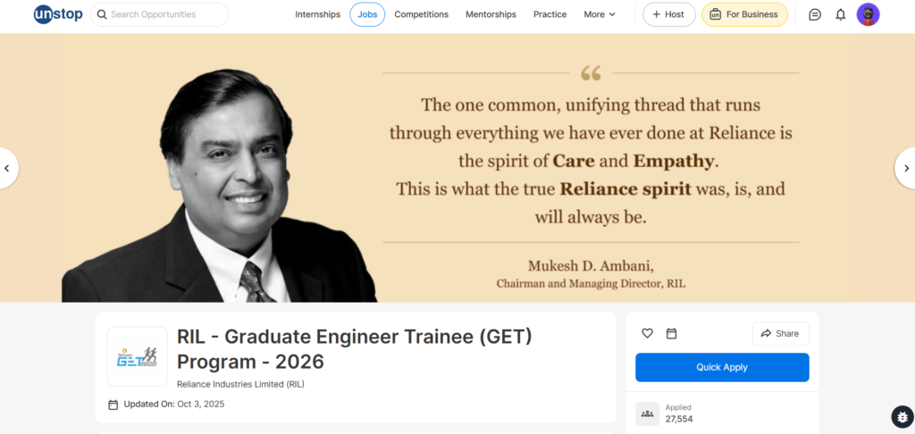 Reliance Mass Off Campus Hiring