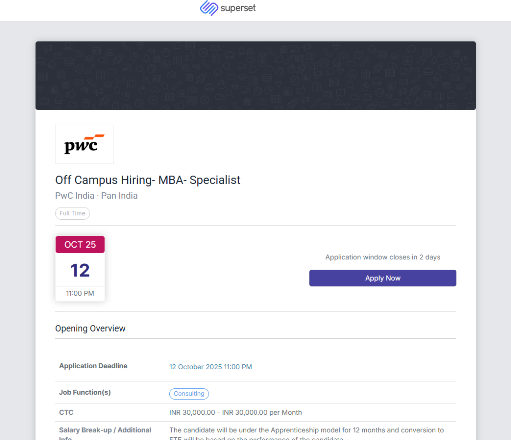 PwC New Off Campus Hiring