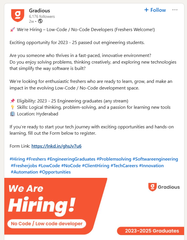 Gradious Hiring Drive - Low-Code / No-Code Developers